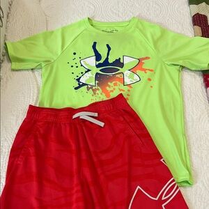 Under Armour Lime Green Tee and Scarlet Red Shorts